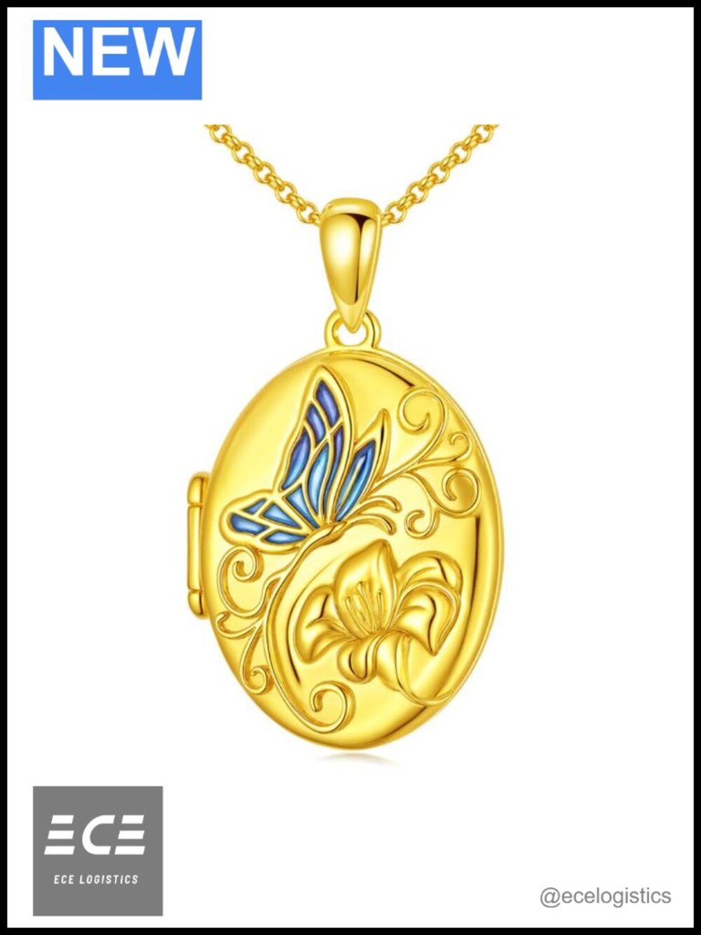 Gold Plated Silver Oval Butterfly Locket Necklace Adjustable Chain